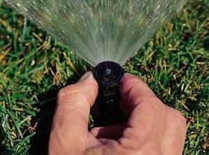 a Shoreline irrigation repair contractor hand adjusting a pop up head